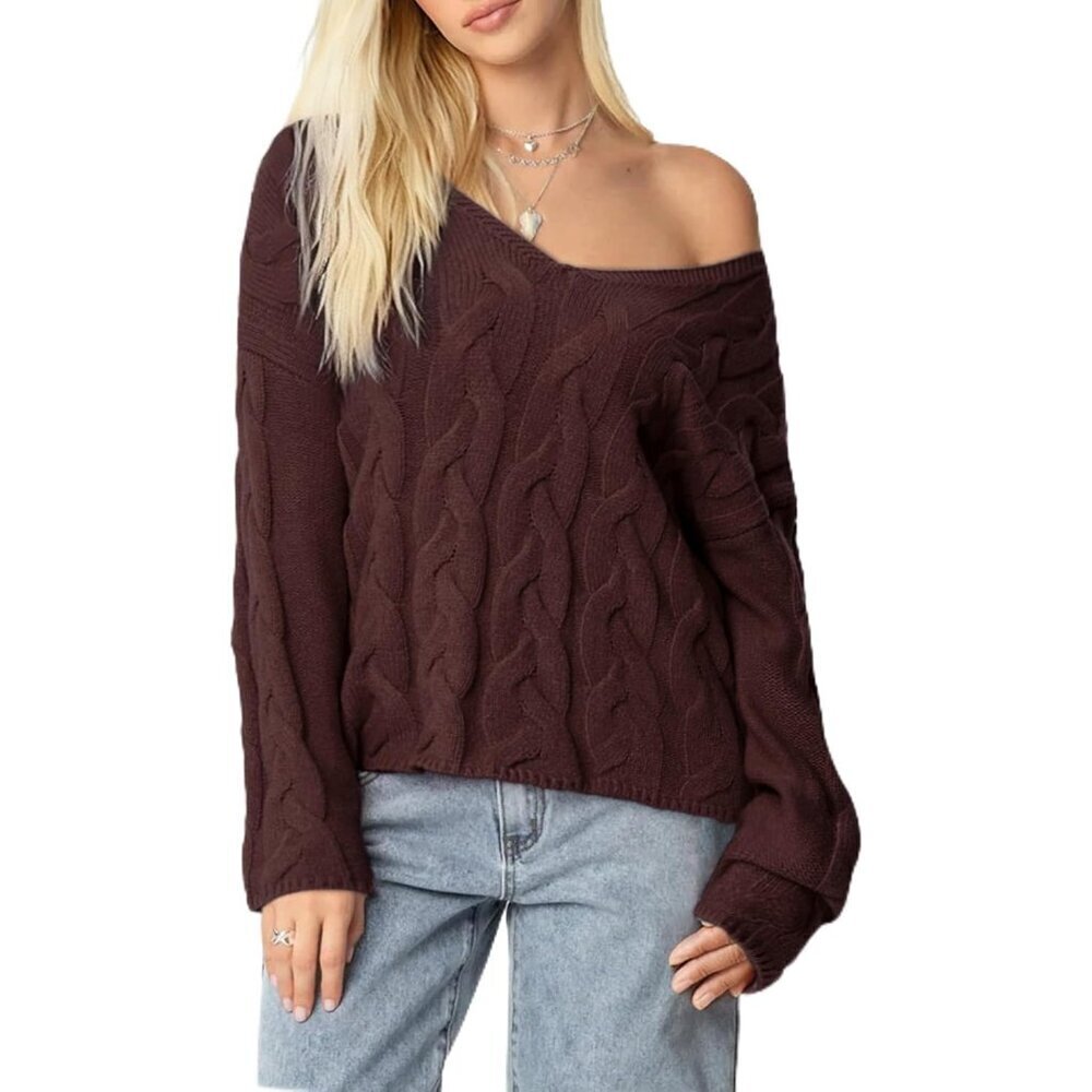 Women Oversized Cable Sweater Knit V Neck Long Sleeve Fall Casual